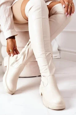 Best Skórzane Kozaki Za Kolano Beżowe Selina Damskie Kozaki Wiosenne|Kozaki Płaskie