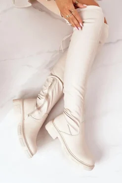 Best Skórzane Kozaki Za Kolano Beżowe Selina Damskie Kozaki Wiosenne|Kozaki Płaskie