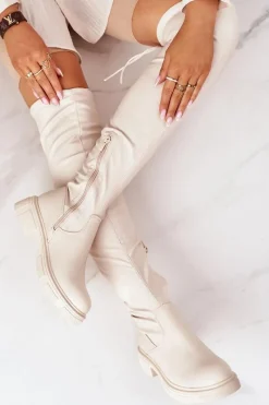 Best Skórzane Kozaki Za Kolano Beżowe Selina Damskie Kozaki Wiosenne|Kozaki Płaskie