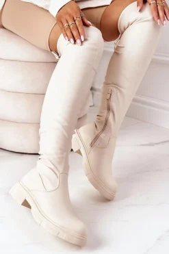 Best Skórzane Kozaki Za Kolano Beżowe Selina Damskie Kozaki Wiosenne|Kozaki Płaskie