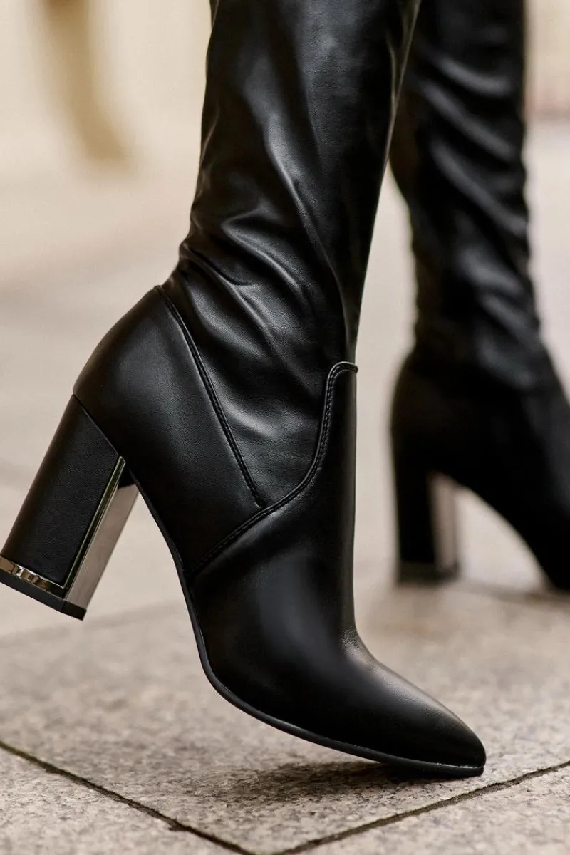 Outlet Skórzane Kozaki Za Kolano Na Słupku Czarne Amalitas Damskie Muszkieterki|Kozaki Za Kolano