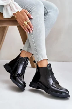 New Skórzane Lakierowane Botki Damskie Na Zamek D&A JC42-24 Czarne Damskie Czarne Botki|Botki Płaskie