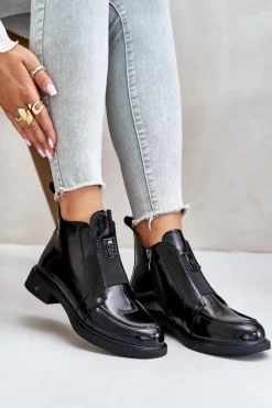 New Skórzane Lakierowane Botki Damskie Na Zamek D&A JC42-24 Czarne Damskie Czarne Botki|Botki Płaskie