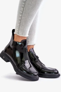 New Skórzane Lakierowane Botki Damskie Na Zamek D&A JC42-24 Czarne Damskie Czarne Botki|Botki Płaskie