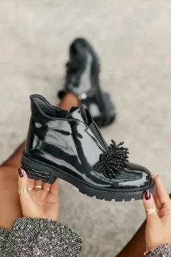 Hot Skórzane Lakierowane Botki Z Ozdobą Ocieplane D&A LZ42-036 Czarne Damskie Botki Zimowe Damskie|Botki Płaskie