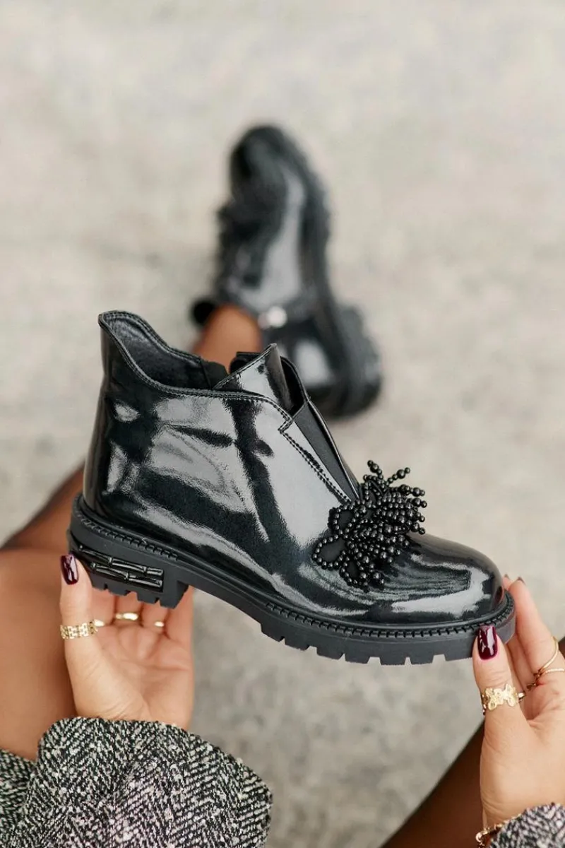 Hot Skórzane Lakierowane Botki Z Ozdobą Ocieplane D&A LZ42-036 Czarne Damskie Botki Zimowe Damskie|Botki Płaskie