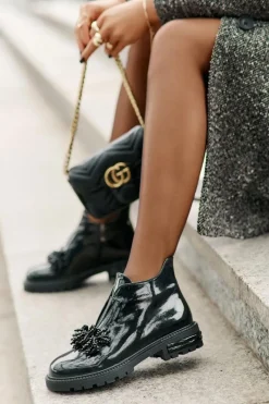 Hot Skórzane Lakierowane Botki Z Ozdobą Ocieplane D&A LZ42-036 Czarne Damskie Botki Zimowe Damskie|Botki Płaskie