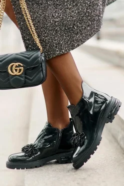 Hot Skórzane Lakierowane Botki Z Ozdobą Ocieplane D&A LZ42-036 Czarne Damskie Botki Zimowe Damskie|Botki Płaskie