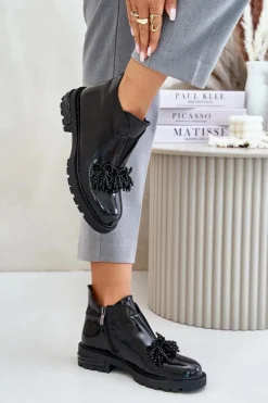 Hot Skórzane Lakierowane Botki Z Ozdobą Ocieplane D&A LZ42-036 Czarne Damskie Botki Zimowe Damskie|Botki Płaskie