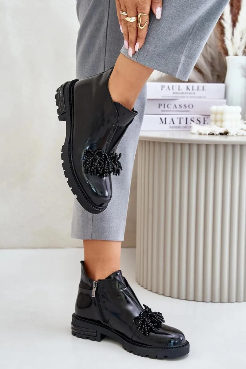 Hot Skórzane Lakierowane Botki Z Ozdobą Ocieplane D&A LZ42-036 Czarne Damskie Botki Zimowe Damskie|Botki Płaskie