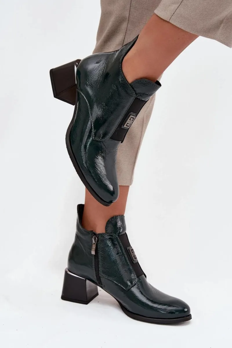 New Skórzane Lakierowane Botki Na Klocku Z Ozdobnym Detalem Ocieplane 60560 Ciemnozielone Damskie Botki Ocieplane|Botki Zimowe Damskie