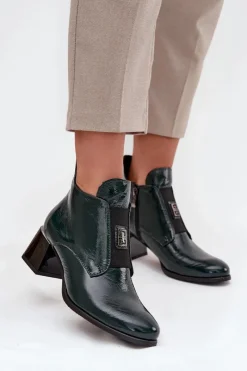 New Skórzane Lakierowane Botki Na Klocku Z Ozdobnym Detalem Ocieplane 60560 Ciemnozielone Damskie Botki Ocieplane|Botki Zimowe Damskie