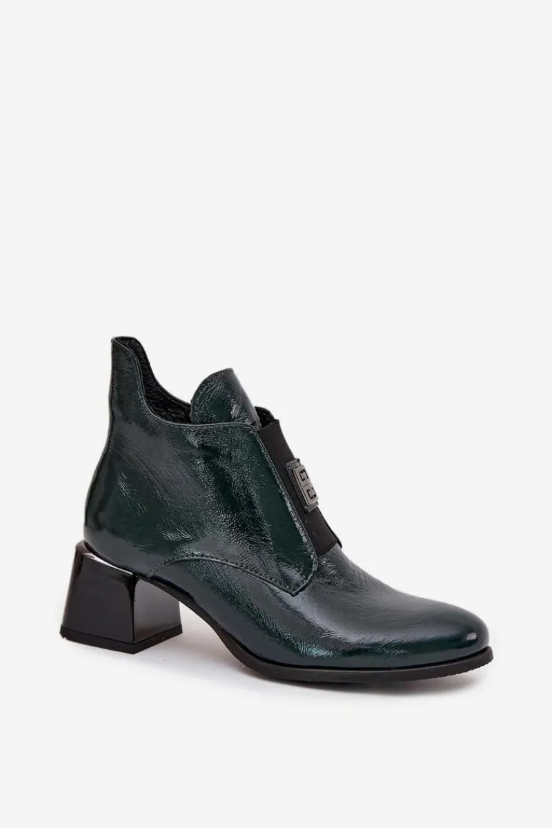 New Skórzane Lakierowane Botki Na Klocku Z Ozdobnym Detalem Ocieplane 60560 Ciemnozielone Damskie Botki Ocieplane|Botki Zimowe Damskie