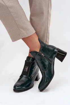 New Skórzane Lakierowane Botki Na Klocku Z Ozdobnym Detalem Ocieplane 60560 Ciemnozielone Damskie Botki Ocieplane|Botki Zimowe Damskie