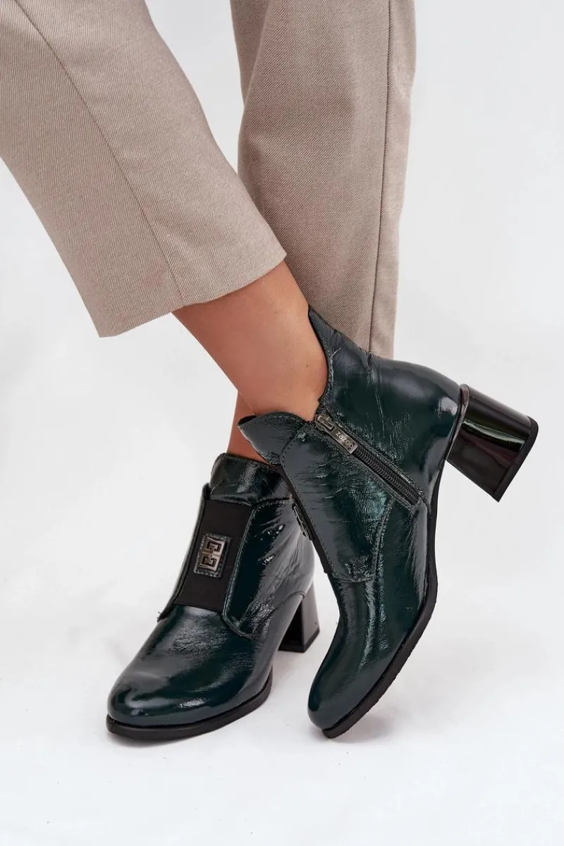 New Skórzane Lakierowane Botki Na Klocku Z Ozdobnym Detalem Ocieplane 60560 Ciemnozielone Damskie Botki Ocieplane|Botki Zimowe Damskie