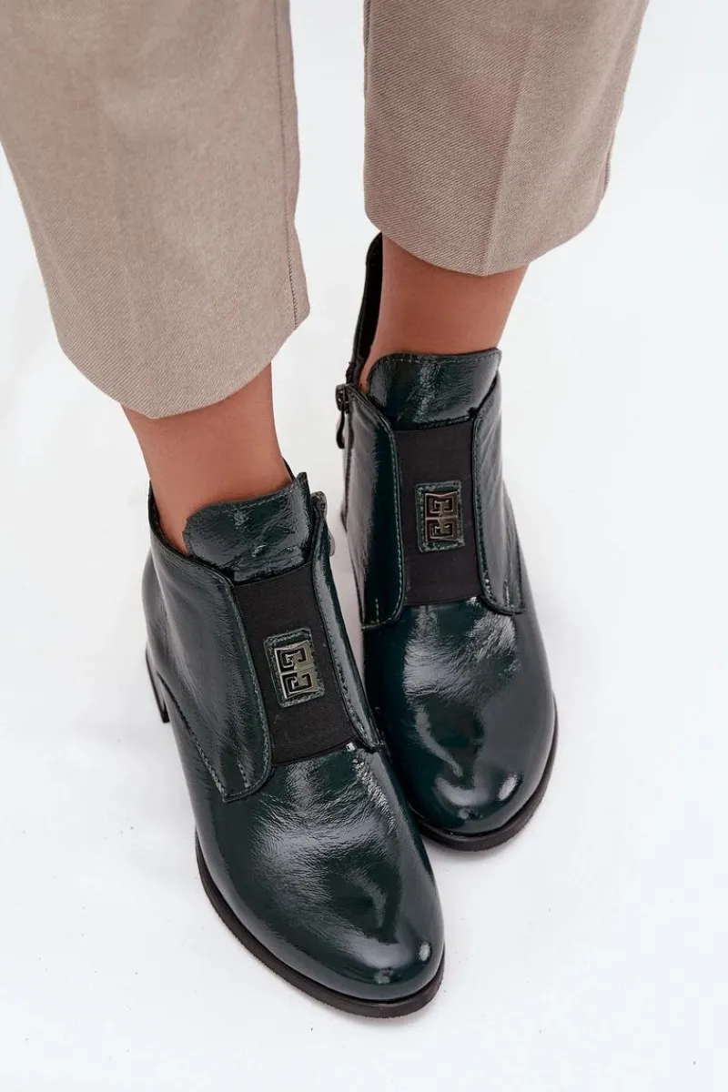 New Skórzane Lakierowane Botki Na Klocku Z Ozdobnym Detalem Ocieplane 60560 Ciemnozielone Damskie Botki Ocieplane|Botki Zimowe Damskie