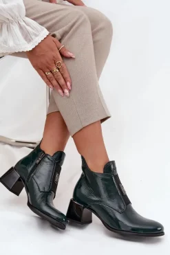 New Skórzane Lakierowane Botki Na Klocku Z Ozdobnym Detalem Ocieplane 60560 Ciemnozielone Damskie Botki Ocieplane|Botki Zimowe Damskie