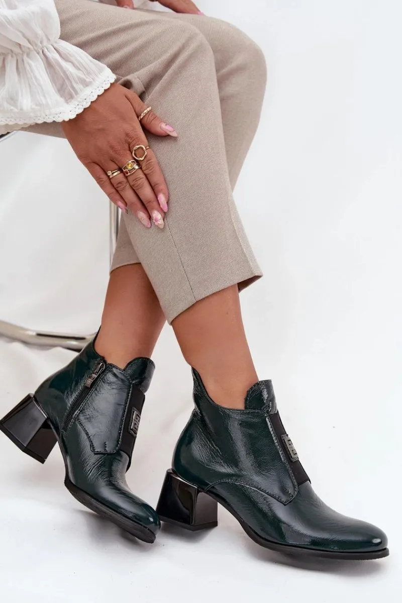 New Skórzane Lakierowane Botki Na Klocku Z Ozdobnym Detalem Ocieplane 60560 Ciemnozielone Damskie Botki Ocieplane|Botki Zimowe Damskie