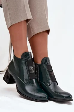 New Skórzane Lakierowane Botki Na Klocku Z Ozdobnym Detalem Ocieplane 60560 Ciemnozielone Damskie Botki Ocieplane|Botki Zimowe Damskie