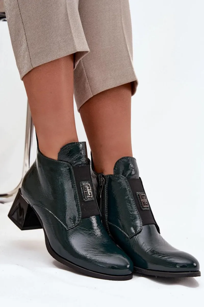 New Skórzane Lakierowane Botki Na Klocku Z Ozdobnym Detalem Ocieplane 60560 Ciemnozielone Damskie Botki Ocieplane|Botki Zimowe Damskie