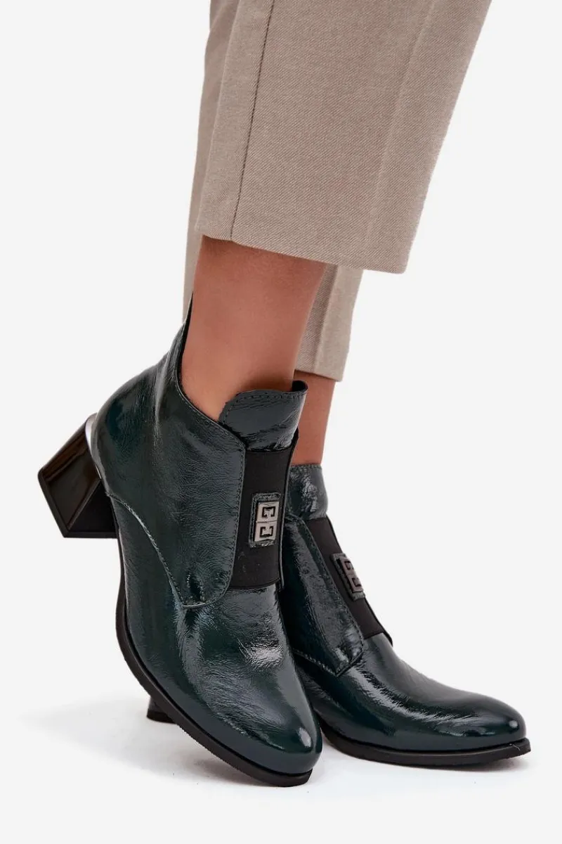 New Skórzane Lakierowane Botki Na Klocku Z Ozdobnym Detalem Ocieplane 60560 Ciemnozielone Damskie Botki Ocieplane|Botki Zimowe Damskie