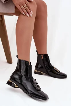 Botki Ocieplane|Botki Skórzane>D&A Skórzane Lakierowane Botki Damskie Na Niskim Obcasie Z Ozdobą MR52-216 Czarne Czarny