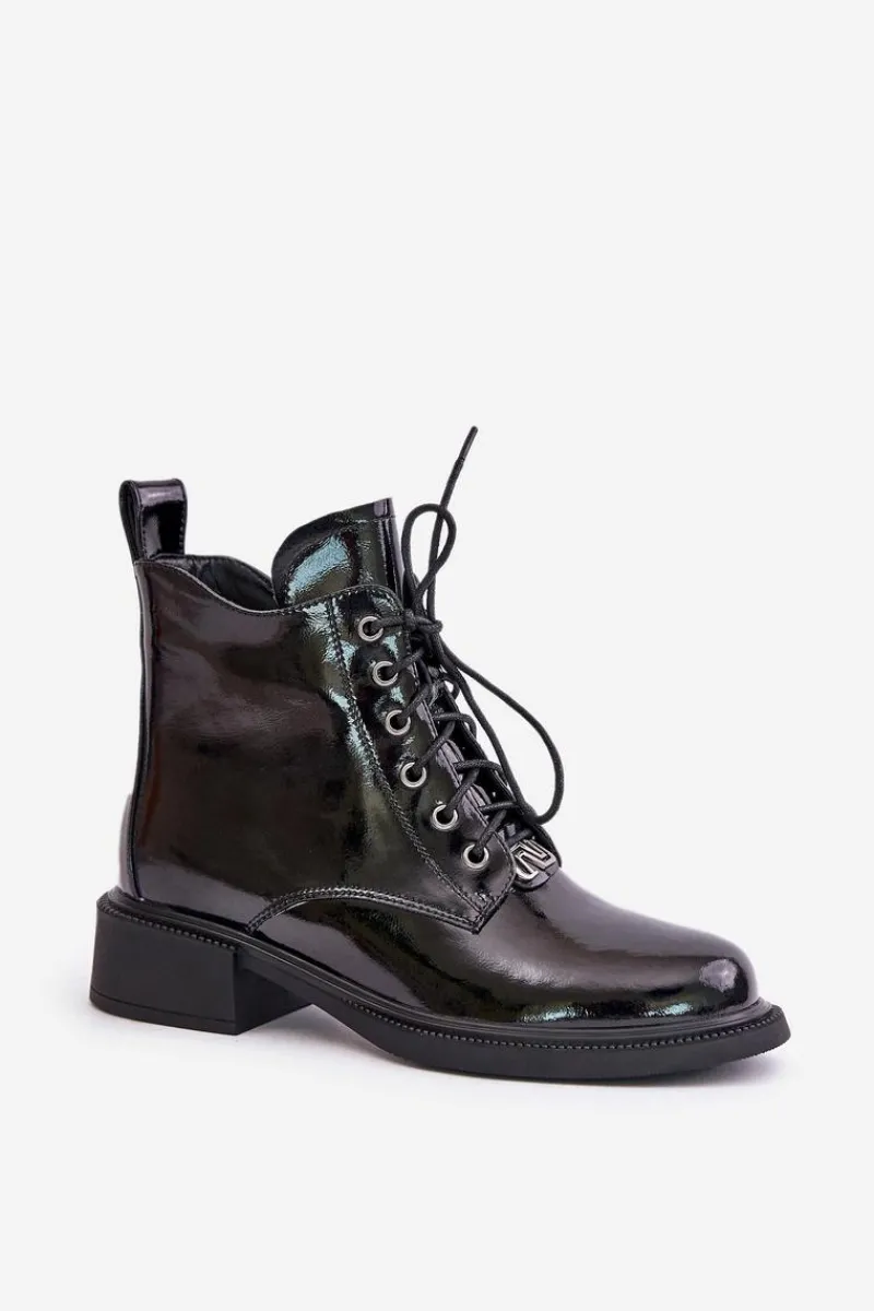 Discount Skórzane Lakierowane Botki Z Ociepleniem Czarne Bellani Damskie Botki Ocieplane|Botki Sznurowane