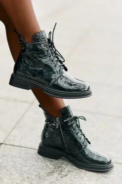 Hot Skórzane Lakierowane Botki Damskie Ocieplane Na Zamek D&A LZ42-042 Ciemnozielone Damskie Botki Ocieplane|Damskie Trapery