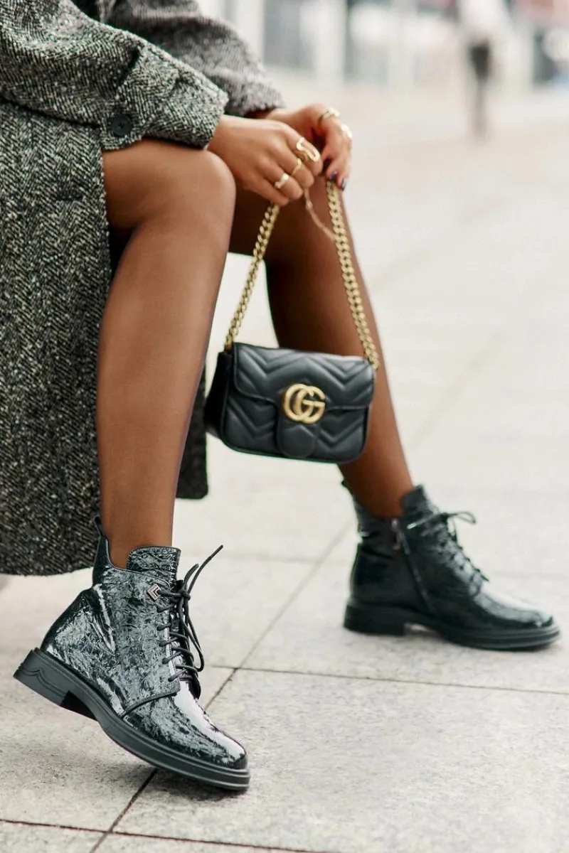 Hot Skórzane Lakierowane Botki Damskie Ocieplane Na Zamek D&A LZ42-042 Ciemnozielone Damskie Botki Ocieplane|Damskie Trapery