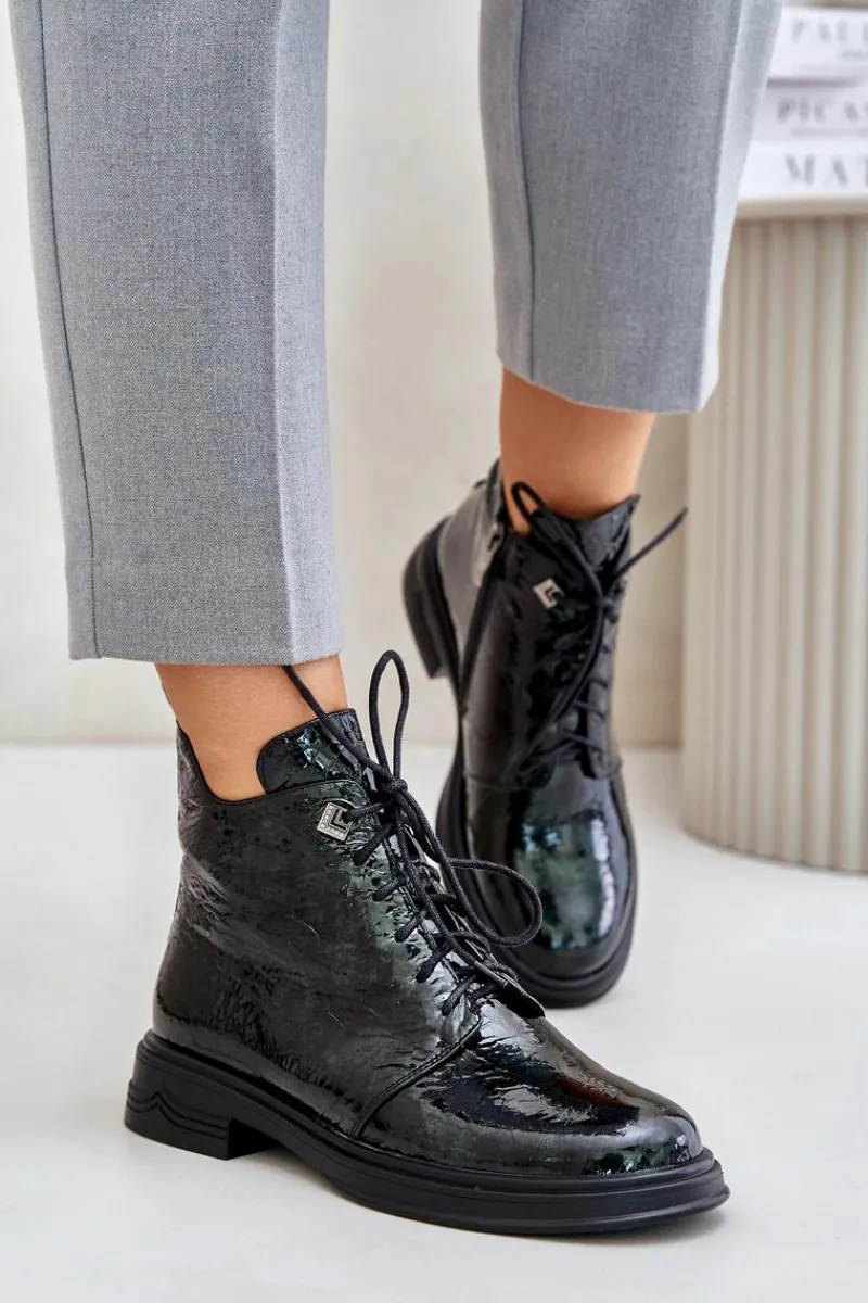 Hot Skórzane Lakierowane Botki Damskie Ocieplane Na Zamek D&A LZ42-042 Ciemnozielone Damskie Botki Ocieplane|Damskie Trapery