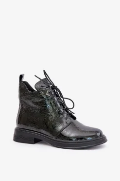 Hot Skórzane Lakierowane Botki Damskie Ocieplane Na Zamek D&A LZ42-042 Ciemnozielone Damskie Botki Ocieplane|Damskie Trapery