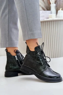 Hot Skórzane Lakierowane Botki Damskie Ocieplane Na Zamek D&A LZ42-042 Ciemnozielone Damskie Botki Ocieplane|Damskie Trapery