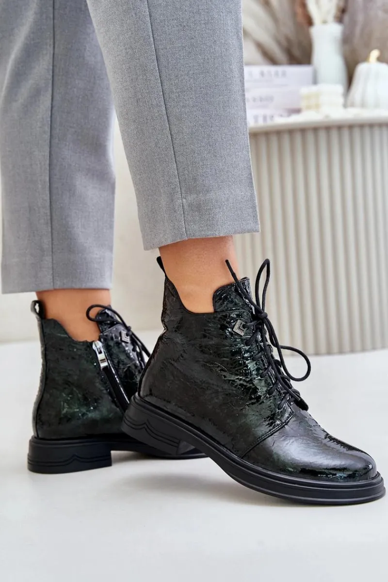 Hot Skórzane Lakierowane Botki Damskie Ocieplane Na Zamek D&A LZ42-042 Ciemnozielone Damskie Botki Ocieplane|Damskie Trapery