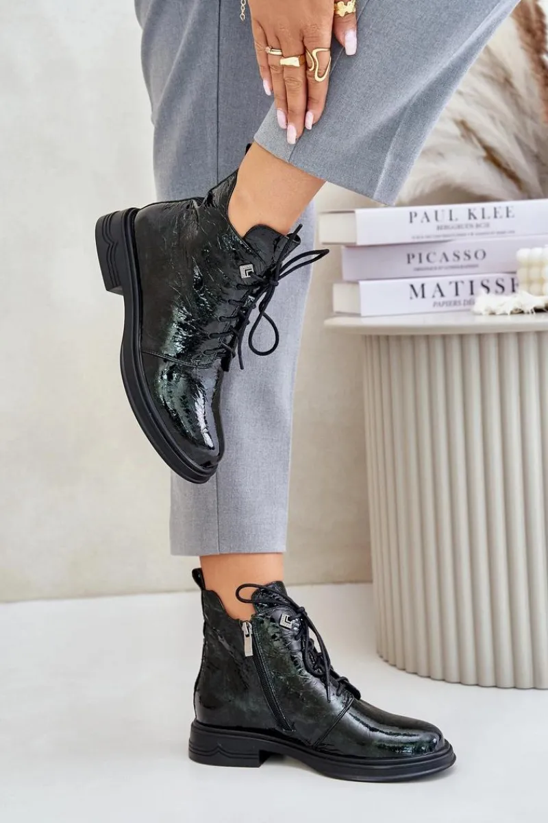 Hot Skórzane Lakierowane Botki Damskie Ocieplane Na Zamek D&A LZ42-042 Ciemnozielone Damskie Botki Ocieplane|Damskie Trapery