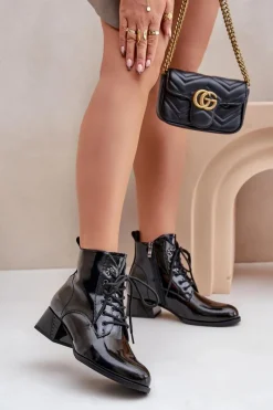 Botki Ocieplane|Botki Sznurowane>Damskie buty S.Barski Skórzane Lakierowane Botki Na Klocku Ocieplane D&A JC42-53 Czarne