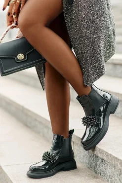 Discount Skórzane Lakierowane Botki Z Ozdobą Wsuwane Ocieplane Czarne Solimav Damskie Botki Ocieplane|Czarne Botki