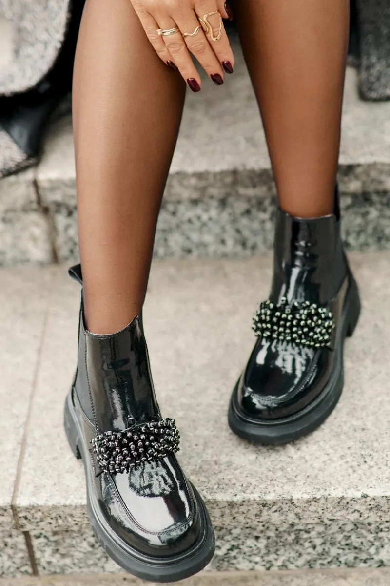 Discount Skórzane Lakierowane Botki Z Ozdobą Wsuwane Ocieplane Czarne Solimav Damskie Botki Ocieplane|Czarne Botki