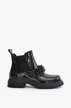 Discount Skórzane Lakierowane Botki Z Ozdobą Wsuwane Ocieplane Czarne Solimav Damskie Botki Ocieplane|Czarne Botki