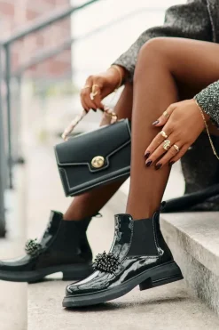 Discount Skórzane Lakierowane Botki Z Ozdobą Wsuwane Ocieplane Czarne Solimav Damskie Botki Ocieplane|Czarne Botki