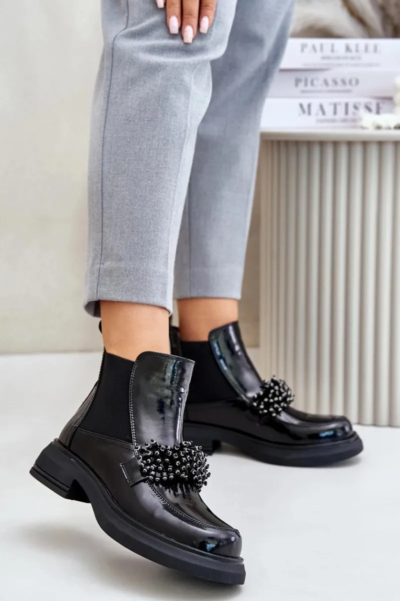 Discount Skórzane Lakierowane Botki Z Ozdobą Wsuwane Ocieplane Czarne Solimav Damskie Botki Ocieplane|Czarne Botki