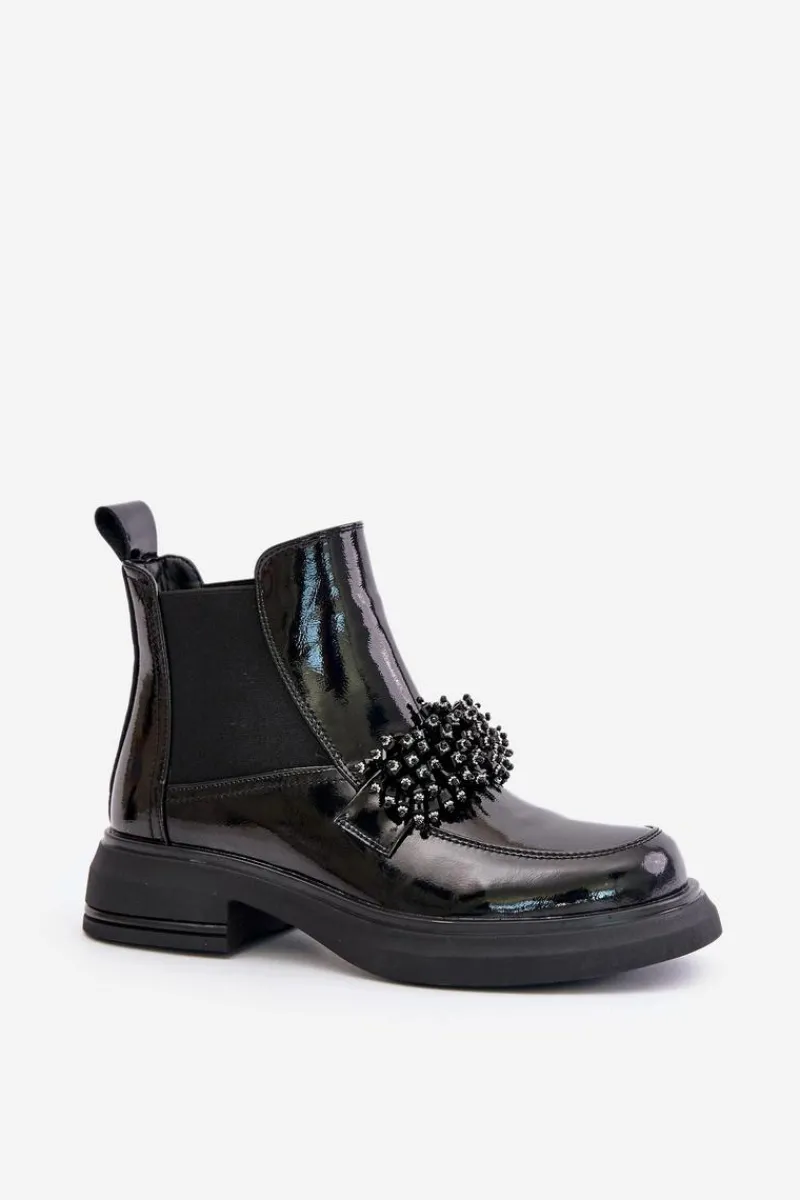 Discount Skórzane Lakierowane Botki Z Ozdobą Wsuwane Ocieplane Czarne Solimav Damskie Botki Ocieplane|Czarne Botki