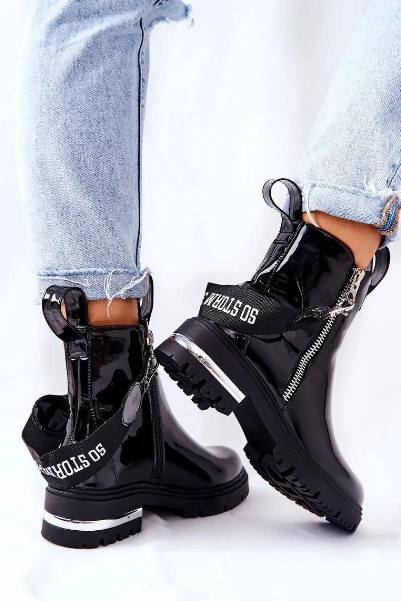 Best Boto Skórzane Lakierowane Botki Z Suwakiem Czarne Cortona