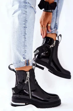 Best Boto Skórzane Lakierowane Botki Z Suwakiem Czarne Cortona