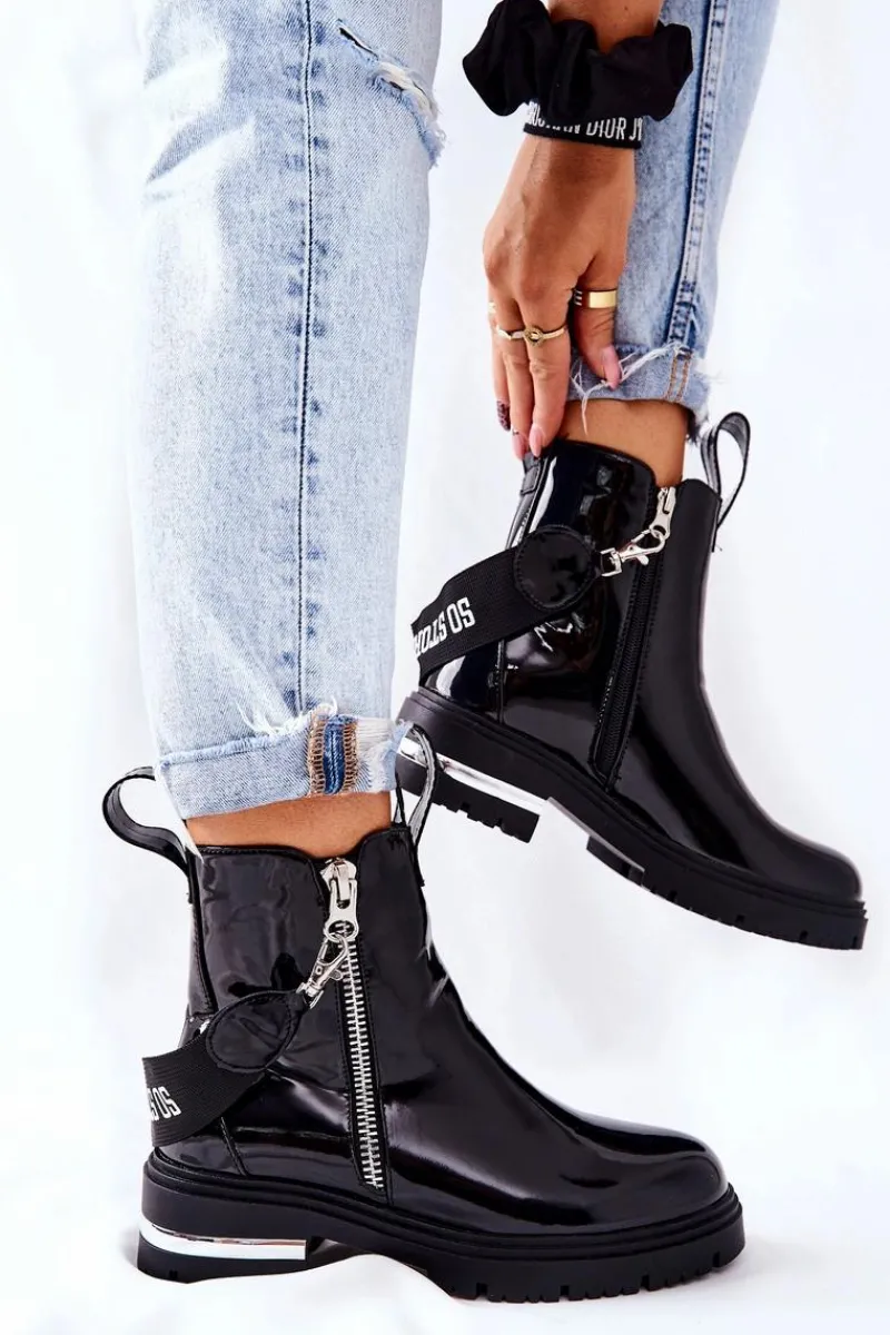 Best Boto Skórzane Lakierowane Botki Z Suwakiem Czarne Cortona