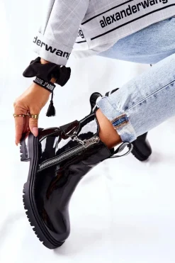 Best Boto Skórzane Lakierowane Botki Z Suwakiem Czarne Cortona