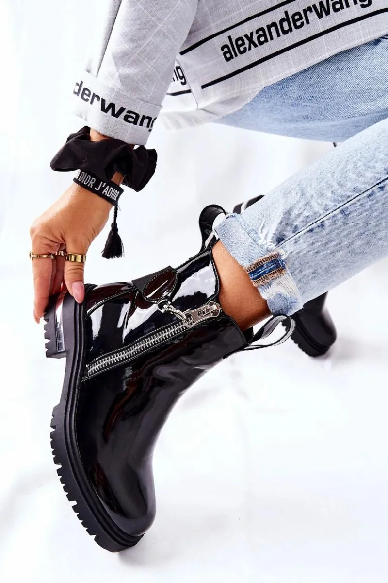 Best Boto Skórzane Lakierowane Botki Z Suwakiem Czarne Cortona