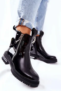 Best Boto Skórzane Lakierowane Botki Z Suwakiem Czarne Cortona