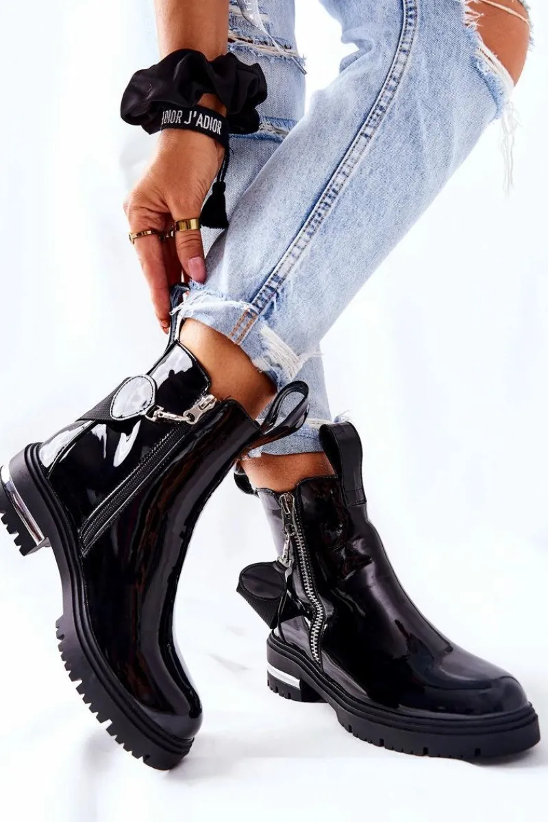 Best Boto Skórzane Lakierowane Botki Z Suwakiem Czarne Cortona