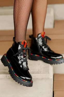 Outlet Boto Skórzane Lakierowane Botki Workery Na Zamek Czarne Anafra