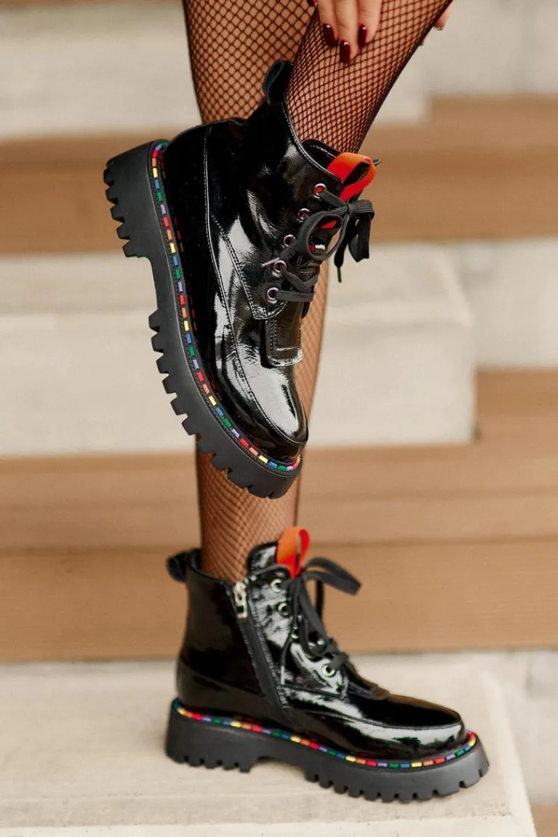 Outlet Boto Skórzane Lakierowane Botki Workery Na Zamek Czarne Anafra